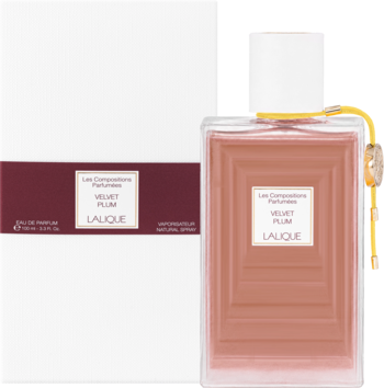Lalique Velvet Plum EDP, prosta butelka z płynem śliwkowym, biała nakrętka i pudełko, widok z przodu.