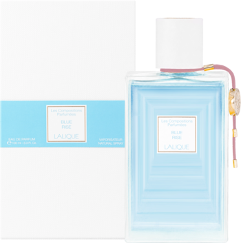Damska woda perfumowana Lalique Blue Rise, niebieska butelka z białym korkiem i różowym sznurkiem, widok z przodu obok pudełka.