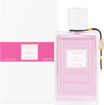 Różowa woda perfumowana Lalique Pink Paradise w prostokątnej butelce i białym pudełku, widok z przodu.