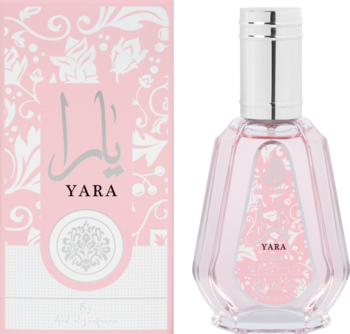 Lattafa Yara perfumy damskie, różowa butelka i pudełko z kwiatowym wzorem, widok z przodu, słodki zapach.