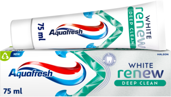 Wybielająca pasta Aquafresh White Renew Deep Clean 75ml w białej tubce i pudełku, widok z przodu i góry.