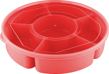 Różowy, okrągły pojemnik na przekąski z 7 przegródkami i przezroczystą pokrywką, widok z góry.