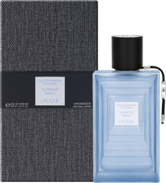 Lalique Glorious Indigo EDP unisex, błękitna butelka w warstwowe wzory i szare pudełko stojące pionowo.