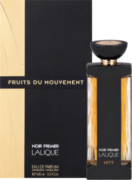 Lalique Noir Premier Fruits Du Mouvement 1977 Eau de Parfum, czarno-złota butelka i pudełko na czarnym tle.