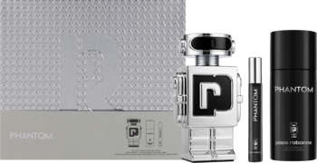 Zestaw Paco Rabanne Phantom dla mężczyzn, widok z przodu: woda toaletowa (robot-butelka 100 ml, 10 ml), dezodorant 150 ml.