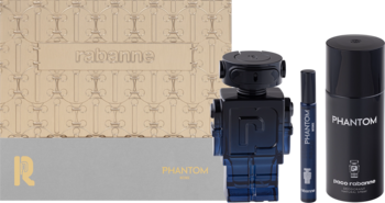 Zestaw Paco Rabanne Phantom Intense dla mężczyzn: woda perfumowana (butelka-robot) i dezodorant obok beżowego pudełka.