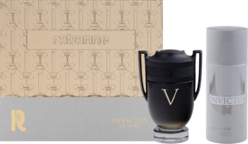Paco Rabanne Invictus Victory zestaw prezentowy: czarna butelka perfum, srebrny dezodorant i beżowe pudełko.