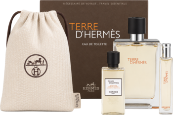 Zestaw Terre D'Hermès dla mężczyzn: duża woda toaletowa, mniejsza EDT, żel pod prysznic i beżowy worek.
