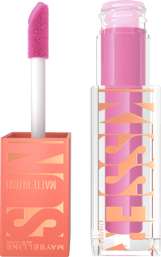 Maybelline Sunkisser Lilac Clouds, matowy płynny róż w otwartej tubce z aplikatorem i zamkniętym opakowaniu.