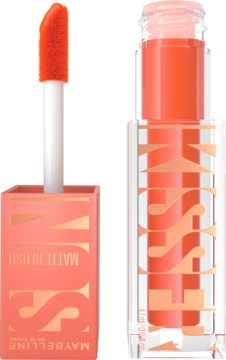 Płynny róż Maybelline New York Sunkisser Peachy Quench matowy, otwarta butelka i pomarańczowy aplikator.