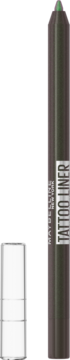 Maybelline Tattoo Gel Liner 823 Aurora Flip, zielona kredka do oczu, pionowo, z odkręconą białą nakrętką obok.