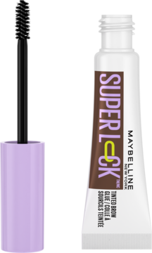Maybelline Super Lock Tinted Brow Glue Deep Brown. Biała tubka i fioletowy aplikator z czarną szczoteczką.