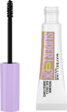 Maybelline Super Lock Tinted Brow Glue Taupe: aplikator z fioletowym trzonkiem i otwarta biała tubka.