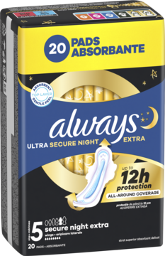 Podpaski Always Ultra Secure Night Extra, rozmiar 5, w czarno-niebieskim opakowaniu z żółtymi akcentami, widok z przodu.