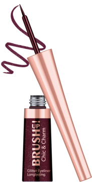 Burgundowy brokatowy eyeliner Brush UP! Chic & Charm z aplikatorem wychodzącym z rosegoldowej nakrętki.