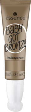Essence Baby Got Bronze płynny bronzer w brązowej tubce z białym zamknięciem, czarne napisy, widok z przodu.