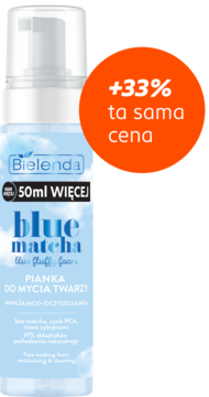 Bielenda Blue Matcha nawilżająco-oczyszczająca pianka do mycia twarzy 50ml WIĘCEJ, biała butelka, z przodu.