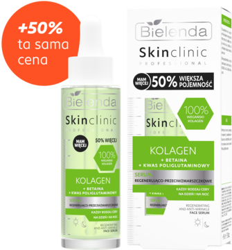 Bielenda Skinclinic Kolagen serum regenerujące przeciwzmarszczkowe z dropperem, +50% gratis, na pomarańczowym tle.