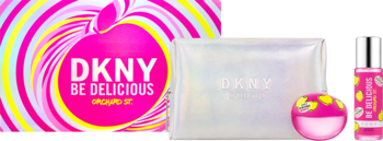 Zestaw DKNY Be Delicious Orchard St.: różowe perfumy, mgiełka, kosmetyczka. Grafika jabłka na pudełku.