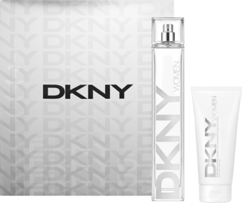 Zestaw DKNY Women: biała woda perfumowana i balsam do ciała w tubce, na tle eleganckiego pudełka z logo.