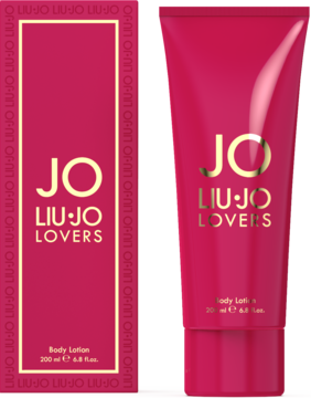 Liu Jo Lovers Body Lotion w jasnoróżowej tubce i dopasowanym pudełku, 200 ml, złote napisy, widok z przodu.