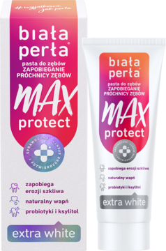 Pasta do zębów Biała Perła MAX Protect Extra White. Biała tubka i pudełko z różowo-zielonymi napisami.