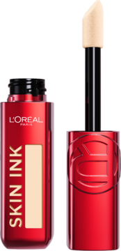 Matujący podkład L'Oréal Skin Ink, otwarty, w czerwonym flakonie z beżowym aplikatorem z gąbką.