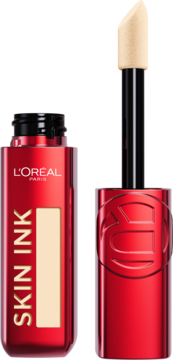Trwały, matujący podkład i korektor L'Oréal Infaillible Skin Ink w czerwonej butelce z aplikatorem.