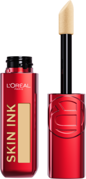 Czerwony matujący podkład L'Oréal Paris Skin Ink, otwarty z beżowym aplikatorem, widok z przodu.
