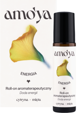 Amo'ya Energia roll-on aromaterapeutyczny cytryna mięta obok białego pudełka z żółtym liściem miłorzębu.
