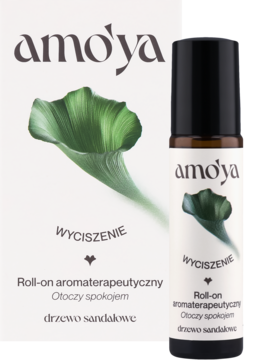Amo'ya Wyciszenie roll-on aromaterapeutyczny z drzewem sandałowym, w butelce obok białego opakowania.