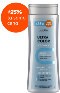 Joanna Ultra Color odżywka anti-yellow do włosów blond. Błękitno-biała butelka z szarą nakrętką, z napisem +25% gratis.