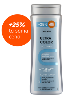 Joanna Ultra Color odżywka dla włosów blond, Anti-Yellow Effect, jasnoniebieska butelka, +25% gratis.