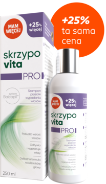 Skrzypovita PRO szampon na wypadające włosy 250ml, biała butelka i pudełko z ofertą +25%, widok pod kątem.