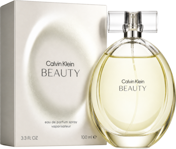 Calvin Klein Beauty kwiatowa woda perfumowana, butelka z żółtym płynem obok białego pudełka z owalnym wzorem, widok z przodu.