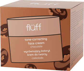 Brązowe pudełko kremu Fluff tone-correcting face cream chocolate z ilustracją słoiczka, widok pod kątem.