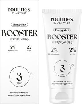 Energetyzujący booster Routines by Alkmie, białe opakowanie i tubka z 2% RejuveNAD™ i 2% AA2G, widok z przodu.