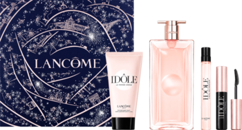 Zestaw upominkowy Lancôme Idôle dla kobiet: woda perfumowana, balsam i tusz, na tle granatowego pudełka z paryskimi motywami.