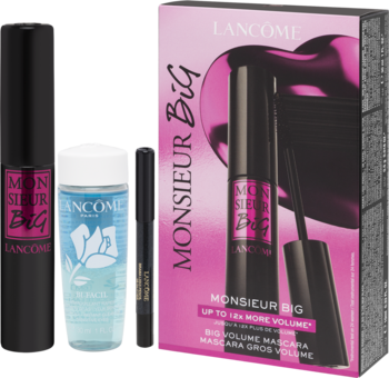 Lancome Monsieur Big zestaw: tusz do rzęs, kredka i płyn Bi-Facil, obok różowego opakowania prezentowego.