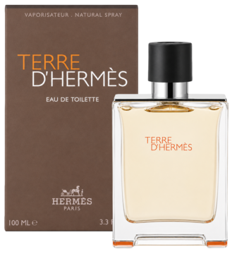 Terre d'Hermès Eau de Toilette 100 ml dla mężczyzn, szklana butelka z czarnym korkiem i brązowe pudełko.