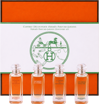 Hermès Parfums-Jardins Discovery Set, 4 miniatury wód toaletowych. Pomarańczowo-białe pudełko z zielonym logo Hermès, widok z przodu.