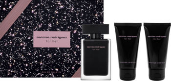 Zestaw prezentowy dla kobiet Narciso Rodriguez For Her: perfumy, balsam i żel, czarne z różowymi detalami.