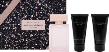 Zestaw Narciso Rodriguez For Her Musc Nude: jasna woda perfumowana, balsam i żel w czarnym brokatowym pudełku.
