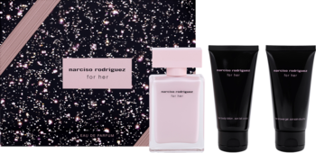 Zestaw upominkowy Narciso Rodriguez For Her: brokatowe pudełko, różowe perfumy, dwa czarne balsamy.