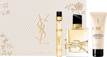 Zestaw YSL Libre dla kobiet: woda perfumowana 50ml i 10ml, balsam 50ml. Produkty stoją na tle z białej koronki.