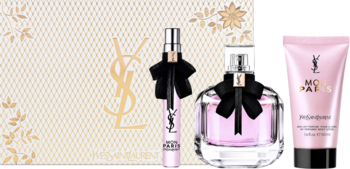 YSL Mon Paris zestaw: duża perfumowana woda, mały flakon i balsam w różowej tubce, na tle złotego pudełka.