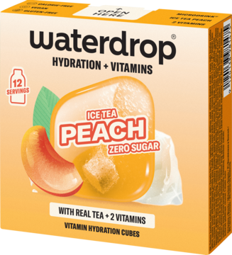 Frontalny widok pomarańczowego opakowania Waterdrop Ice Tea Peach Hydration Cubes, 12 sztuk, zero cukru.