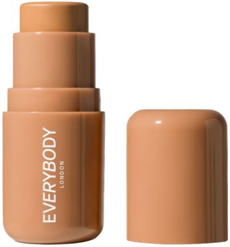 Otwarty kremowy bronzer w sztyfcie Everybody London w odcieniu Light-Medium, z beżową nakrętką obok.