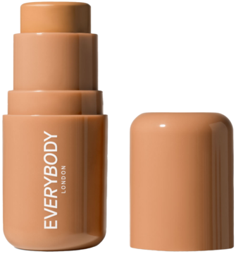 Otwarty kremowy bronzer w sztyfcie Everybody London w odcieniu Light-Medium, z beżową nakrętką obok.
