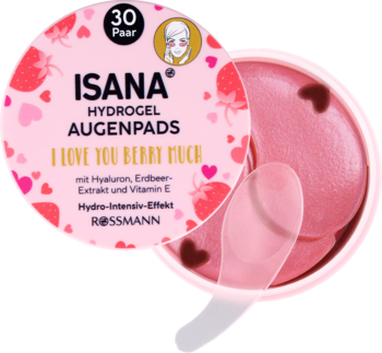 Isana Hydrogel Augenpads I Love You Berry Much, różowe, otwarte opakowanie, widoczne płatki i szpatułka.